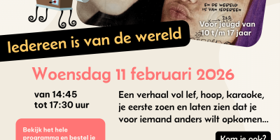 aanmeldingsposter voor de filmmiddag in Parkvilla. De film "iedereen is van de wereld" wordt er vertoond en er wordt gesproken over het nieuwe meldpunt voor jongeren bij discriminatie.nl. Op de poster zie je een foto van de film en een QR code om je aan te melden.