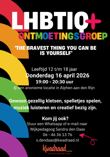 Flyer over de eerstvolgende meeting van de LHBTIQ+ ontmoetingsgroep die Donderdag 16 april 19:00 - 20:30 uur plaats vindt
