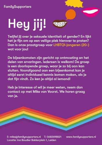 Een flyer met informatie over de LHBTQI Praatgroep aangeboden door Family Supporters Leiden