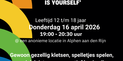 Flyer met informatie over eerstvolgende bijeenkomst van de LHBTIQ+ Ontmoetigsgreop van Kwadraad Maatschappelijk Werk die Donderdag 16 april 19.00-20.30 uur plaatsvindt