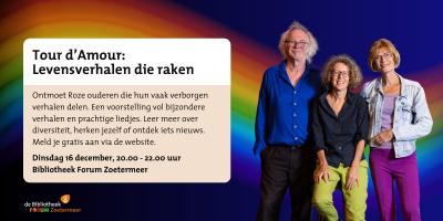 poster van de aankondiging Tour d'amour met op de achtergrond een regenboog en daarnaast 3 personen